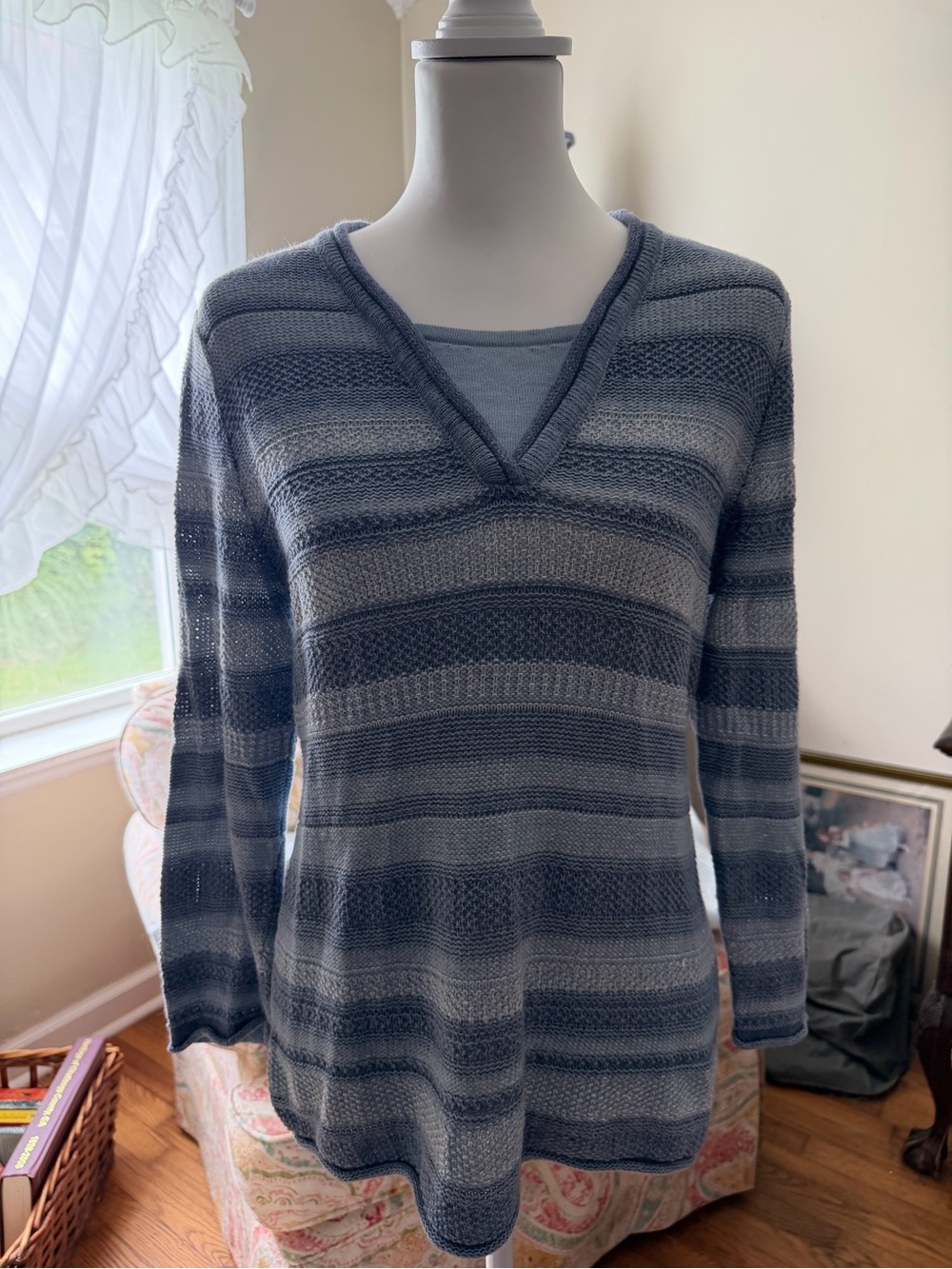 Christopher Banks Striped V-Neck Knit Sweater - Gray and Charcoal